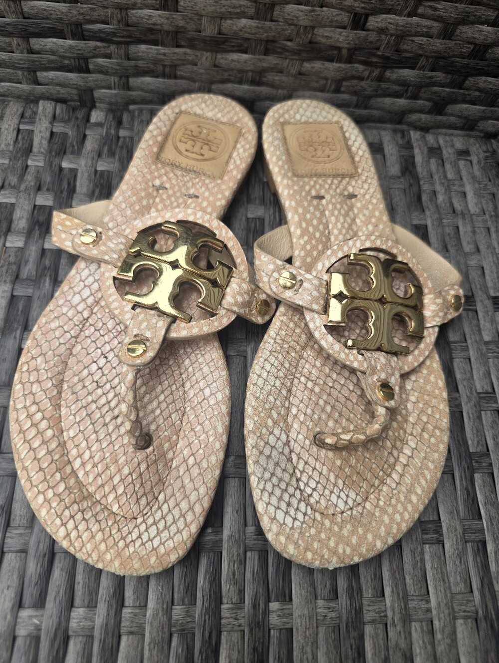 Tory Burch Metal Miller Women’s Snake Print Tan/Cream Slide Sandals Sz. 7